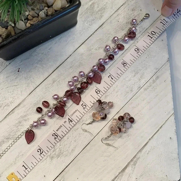 Pink Purple Bead Earrings  & Bracelet - Picture 4 of 4